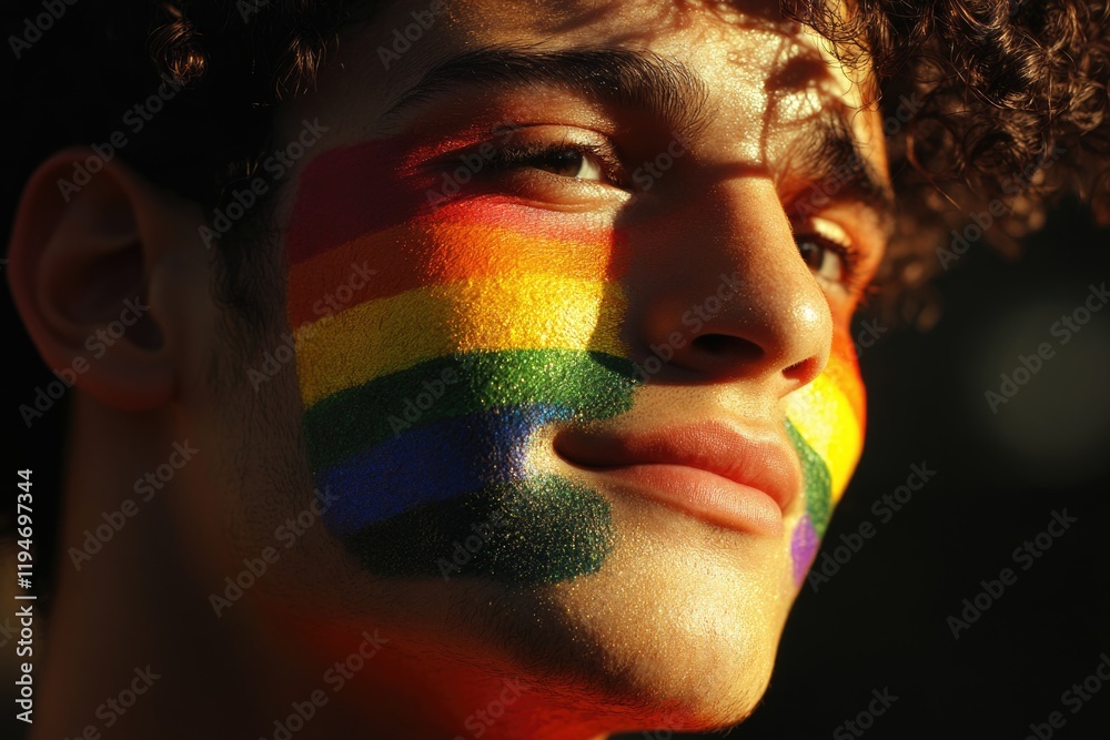 Aufkleber a person with a colorful rainbow design painted on their face, perfect for use in creative and imagi
