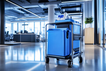 Sleek cleaning cart ready to enhance office hygiene in modern workspace with ample light