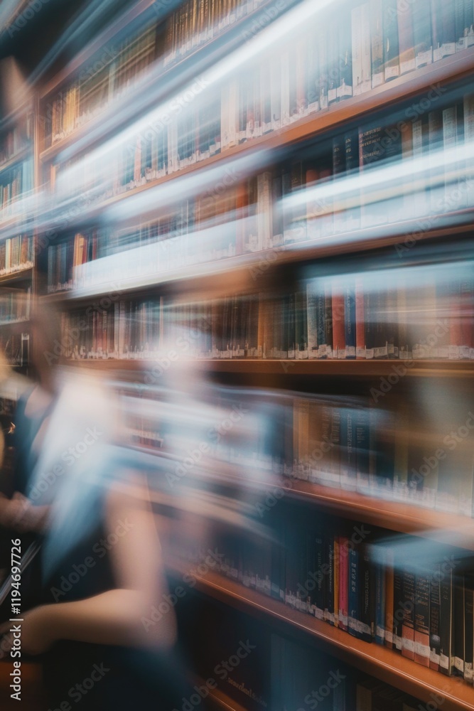 Poster a blurry image of bookshelves in a quiet library