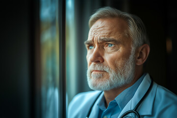 An elderly male doctor looking sadly out the window.