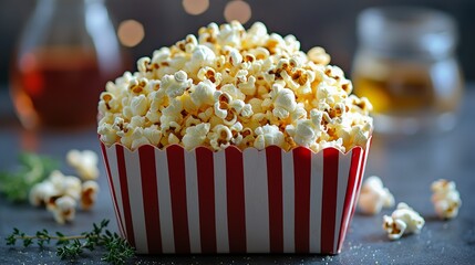 Buttery popcorn in striped box, drinks blurred background, movie night snack