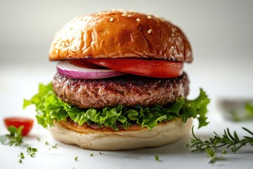 Juicy grilled beef patty, crisp lettuce, red onion, tomato, and sesame bun.