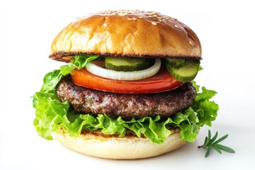 Juicy beef burger with lettuce, tomato, onion, pickles on a sesame bun.