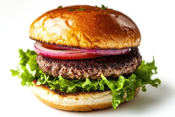 Juicy grilled beef burger with red onion, lettuce, and toasted bun.