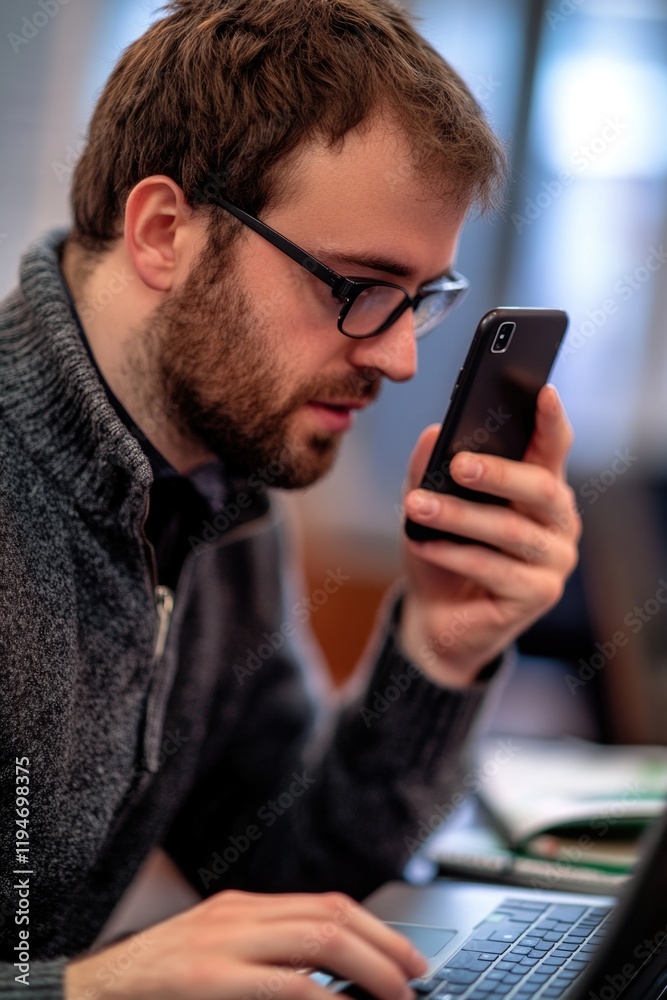 Poster A person sitting at a table using a mobile device