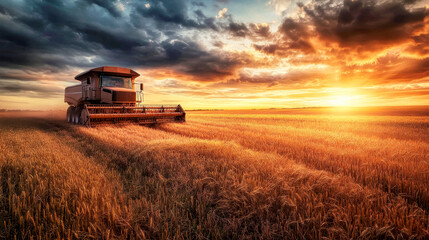 Fototapeta premium Combine harvester at sunset in golden wheat fields during harvest season