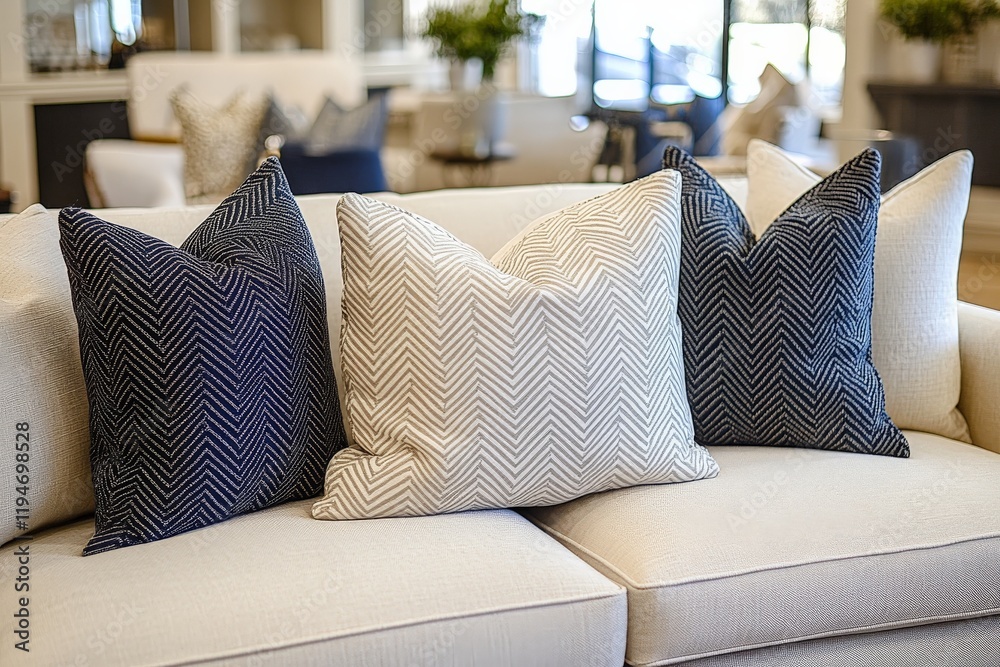 Leinwandbilder this image features navy and white zigzag patterned pillows artfully arranged on a cream-colored sof