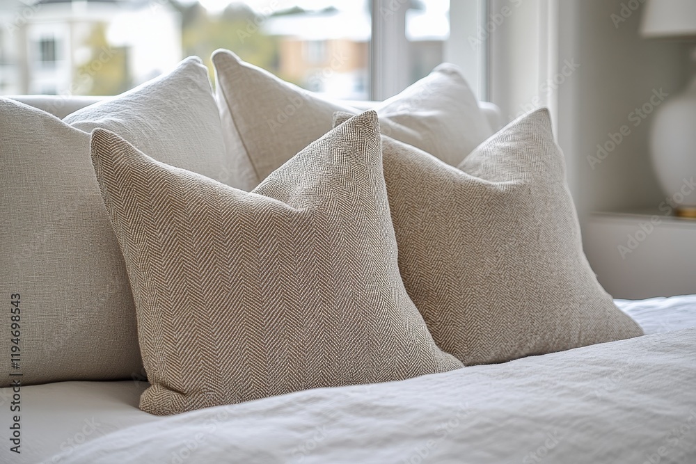 Poster This image shows a collection of neutral-colored pillows arranged neatly on a bed, basking in soft natural light, creating a serene and tranquil bedroom environment.
