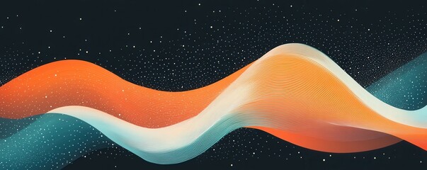 Vibrant orange teal white psychedelic grainy gradient color flow wave on black background, music cover dance party poster design