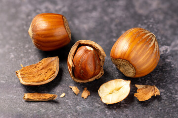 Hazelnuts on dark background