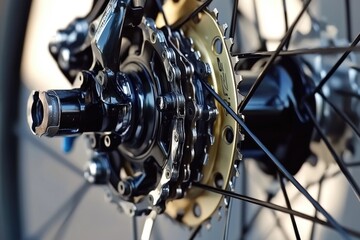 Fototapeta premium A detailed view of a bicycle's spoke and hub design, ideal for use in illustrations or diagrams about cycling technology