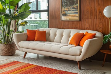 A modern curved sofa with tufted upholstery and bright orange pillows, surrounded by lush green plants and mid-century decor elements, enhances the room's ambiance.