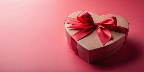 Obraz premium Heart-shaped gift box with a crimson ribbon bow on a pink background