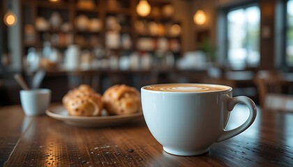 Fototapeta premium Frothy Cappuccino Cup on Wooden Table Generative AI