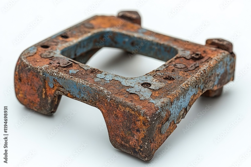 Poster a close-up of a rusted metal object on a white background, suitable for use in industrial or mechani