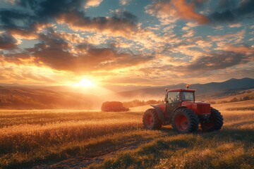 A red tractor is parked in a tranquil field at sunrise with softly rolling hills in the background, embodying the picturesque essence of rural life.