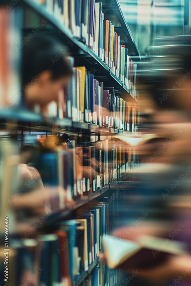 Aufkleber a blurred image of individuals engrossed in books, set in a quiet library atmosphere, ideal for illu