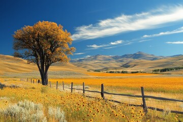 A lone tree stands by a rustic wooden fence, surrounded by a sprawling field of sunflowers under a bright, clear sky with distant rugged mountains.