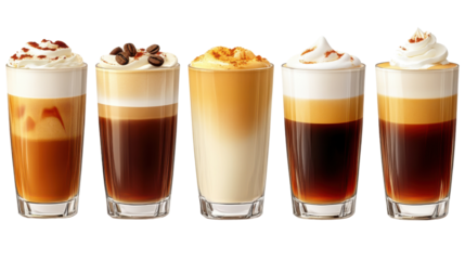 set of coffee latte drinks in glass isolated on white background