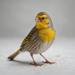 Fototapeta premium A small, delicate Finch with vibrant yellow feathers, standing proudly on a white surface.