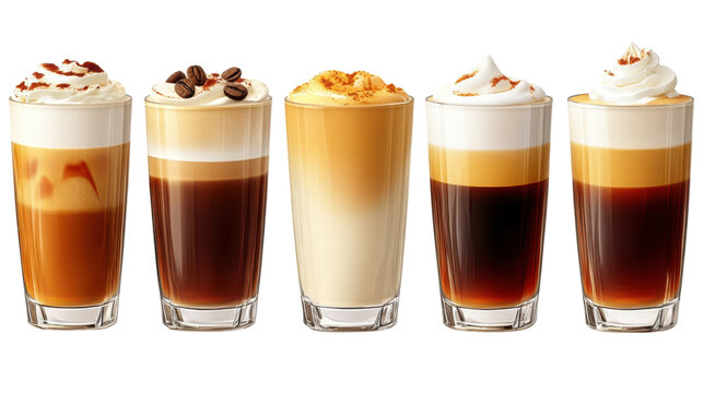 set of coffee latte drinks in glass isolated on white background
