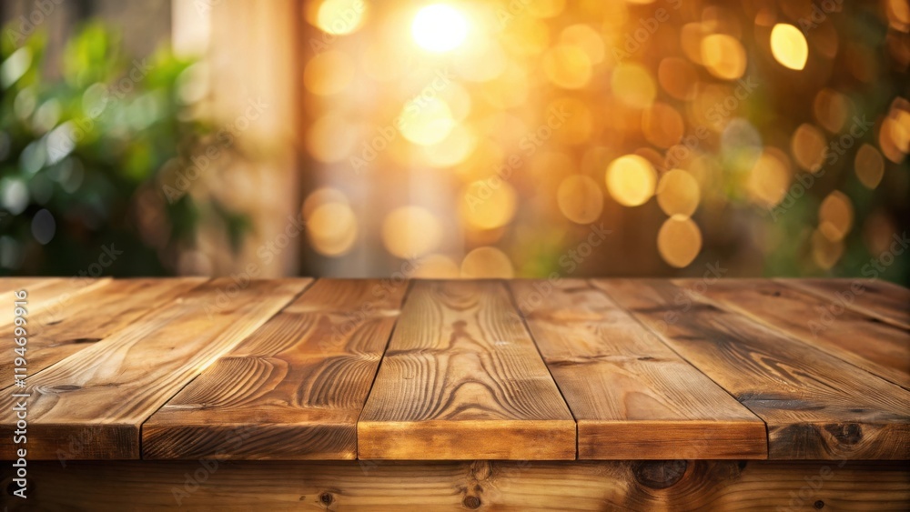 Poster Rustic Wooden Tabletop Against a Warm, Bokeh Background Ideal for Product Displays
