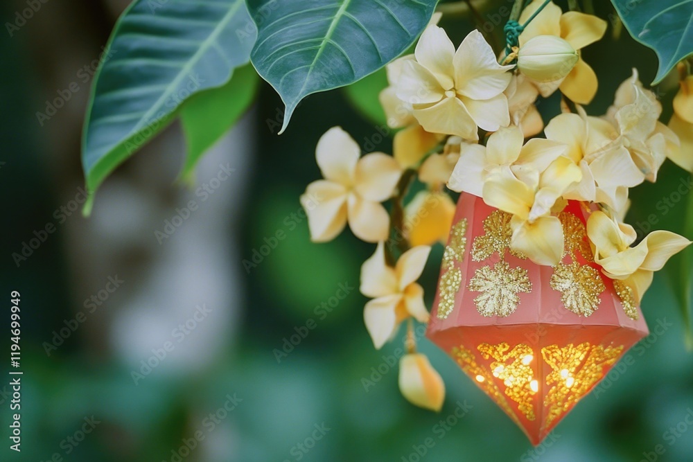 Aufkleber a red and yellow lantern hangs from a tree branch