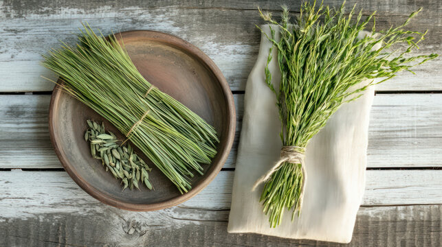Sweetgrass braid (Hierochloe odorata), also called vanilla grass, on a clay plate, and medicinal pouch on old white wood. Overhead view.