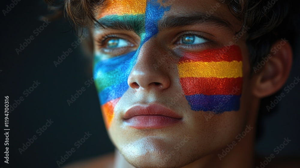 Aufkleber A person with a colorful rainbow painted on their face, perfect for representing diversity and unity