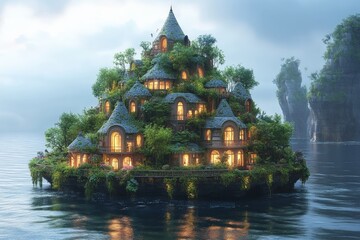 Naklejka premium A multi-layered fairy tale mansion built on a lush floating island, illuminated warmly, reflecting a magical and fantastical atmosphere amidst calm waters.