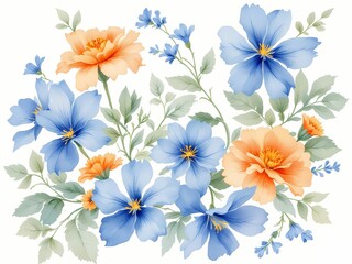 Obraz premium Watercolor orange and blue flowers with green leaves