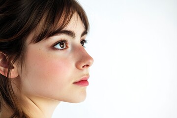 Fototapeta premium Portrait of a woman with long brown hair and blue eyes, looking directly at the camera