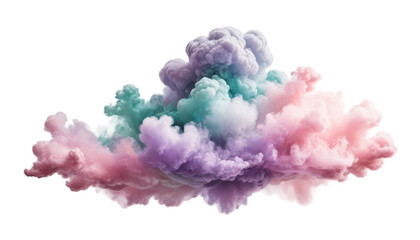 Fototapeta premium An ethereal, colorful powder cloud in pastel shades of pink, lavender, and teal, gently diffusing in the air, isolated on a white transparent background PNG