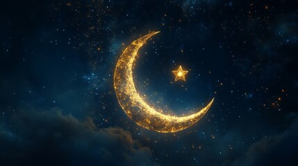 Fototapeta premium Golden Crescent Moon and Star in Night Sky