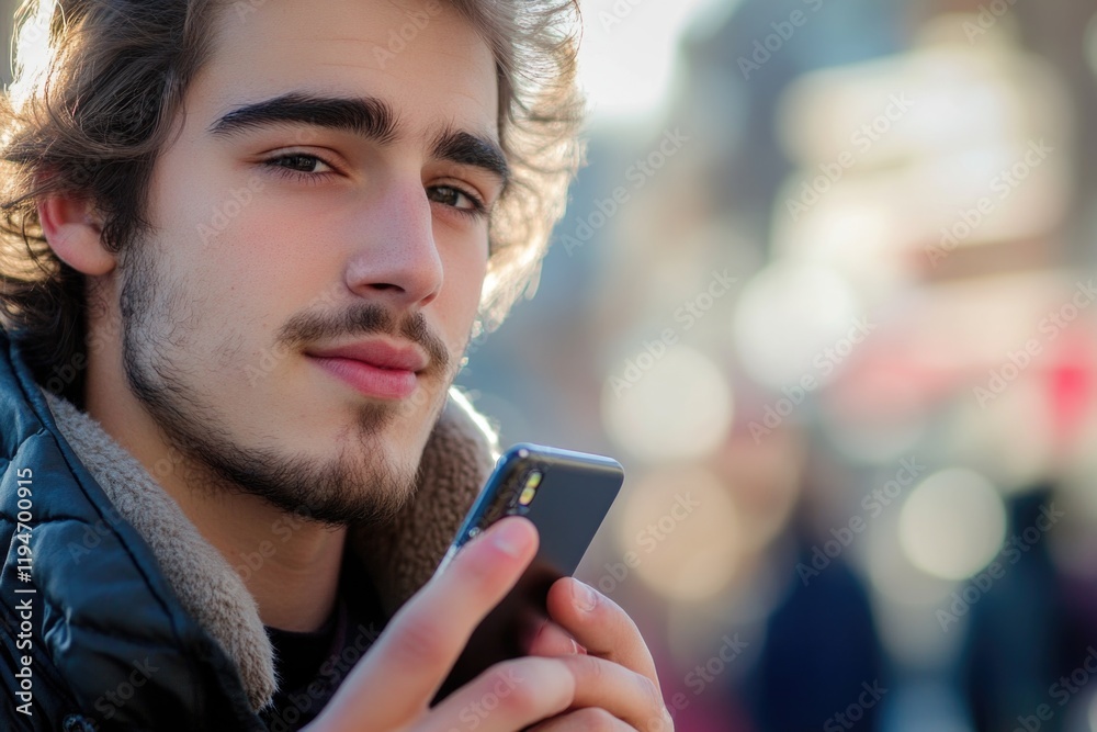 Poster young man focused on mobile device, possibly texting or browsing