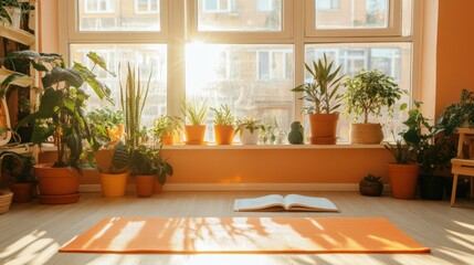 Bright Sunlit Room with Orange Walls and Potted Plants, Perfect for Reading and Relaxation