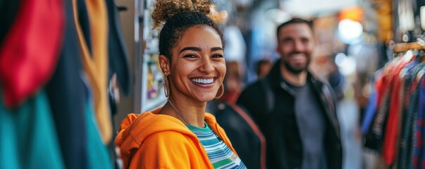 Fototapeta premium Shop Local Day: People smiling and shopping at a local store, colorful clothing, positive vibes, community support, bright light