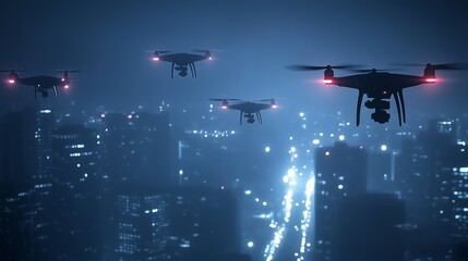 Drones all over in the sky at night, realistic.