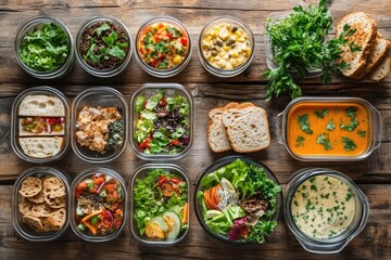 Assorted healthy meal preps in glass containers on wooden table.