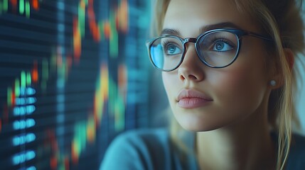 Focused woman analyzing stock market data on screen.