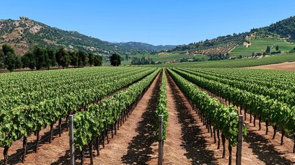 Rows of lush grapevines in a sunny vineyard landscape.