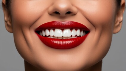 Fototapeta premium A close-up of a woman's perfect white teeth and bold red lips, smiling brightly. Beauty, confidence, and dental care concept