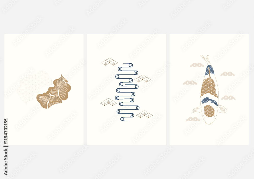 Wall mural japanese background with asian pattern and icon vector. abstract template with gold texture in orien