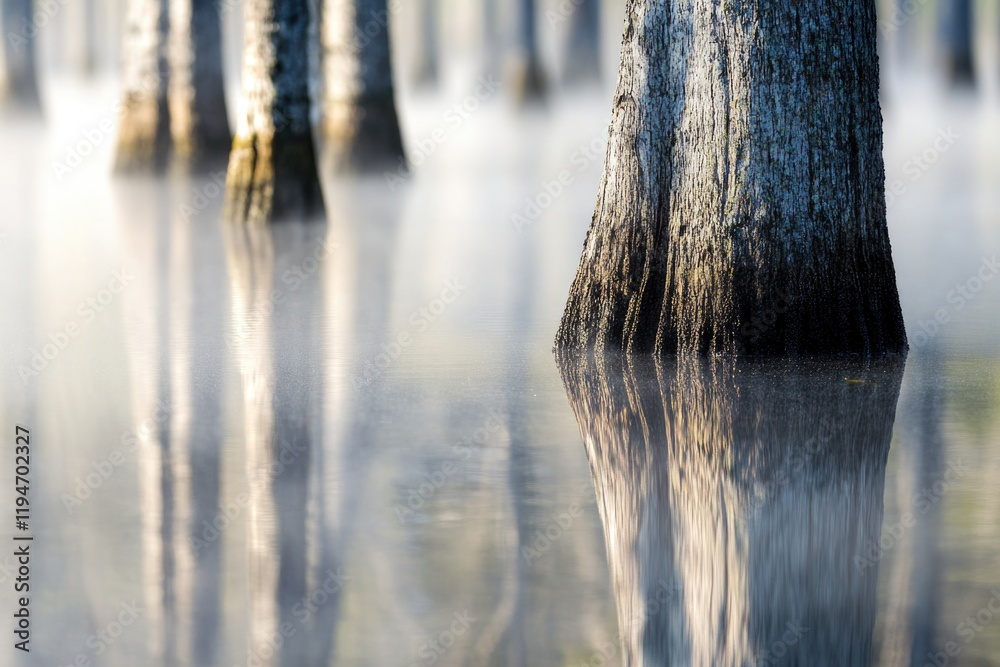 Poster a group of trees standing in shallow water, surrounded by foliage and possibly used for nature or la