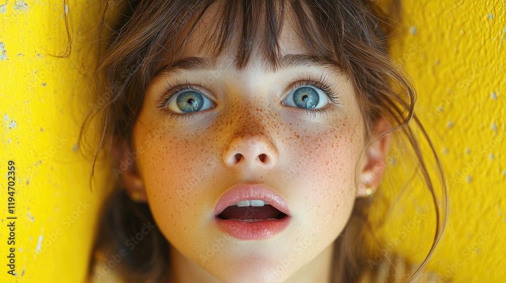 Poster a close-up photo of a child with distinctive freckles on their face, suitable for use in family or c