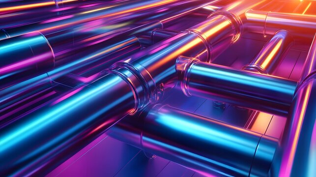A series of pipes are shown in a neon blue color. The pipes are connected to each other and appear to be part of a larger system. Concept of complexity and interconnectedness