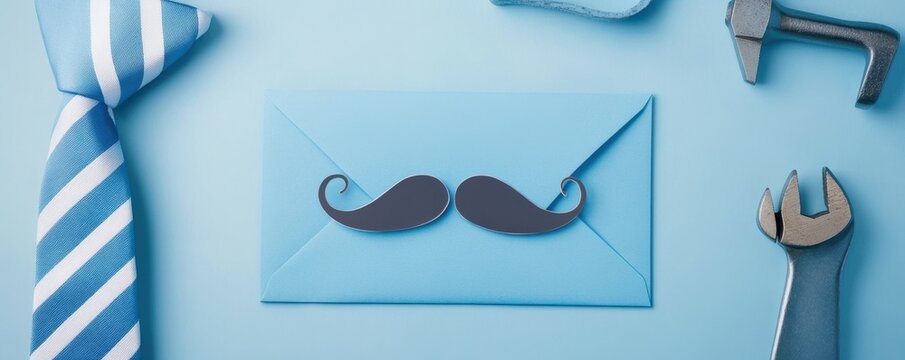 Stylish flat lay of a blue envelope, mustache cut-out, tools, and a striped tie on a pale blue surface perfect for Father's Day or masculine birthday theme