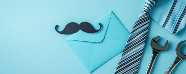 Stylish flat lay of a blue envelope, mustache cut-out, tools, and a striped tie on a pale blue surface perfect for Father's Day or masculine birthday theme