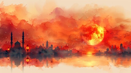 Cityscape sunset, blood moon, reflection,  travel poster