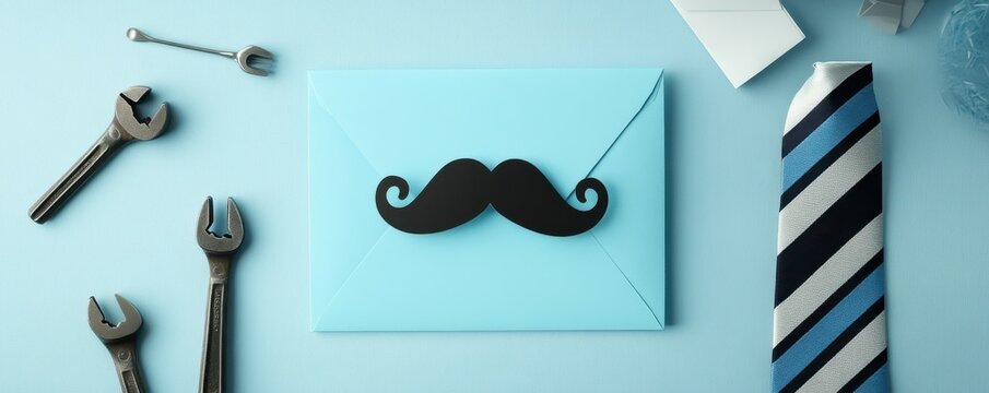 Stylish flat lay of a blue envelope, mustache cut-out, tools, and a striped tie on a pale blue surface perfect for Father's Day or masculine birthday themes